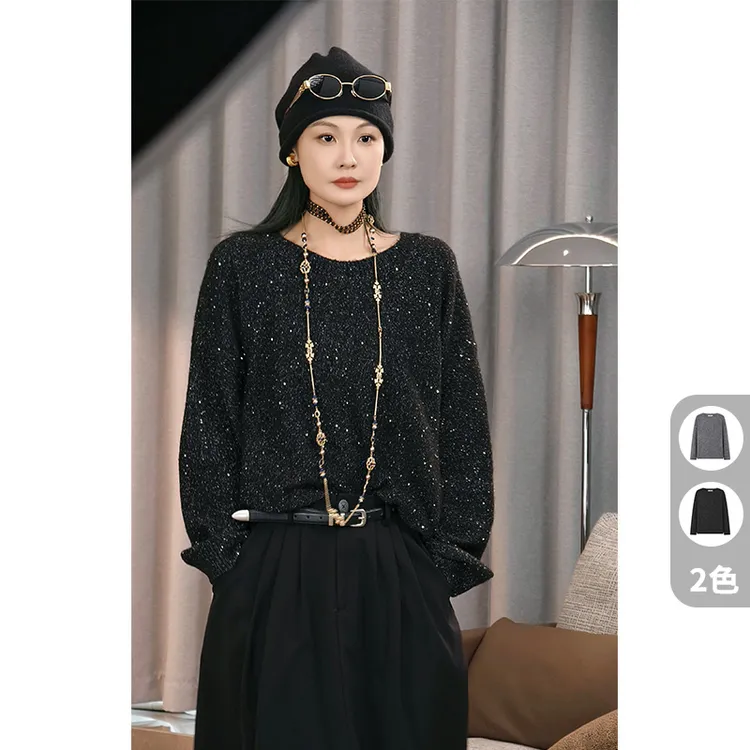 美洋MEIYANG 银星针织衫 重工亮丝珠片纱_宽松慵懒圆领长袖上衣