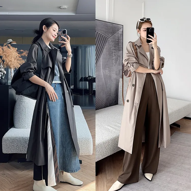 美洋MEIYANG西雅图收腰风衣摩登英伦风|双排扣中长款卡其色翻领