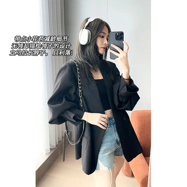 美洋MEIYANG花束黑色东丽免熨烫可机洗|摩登设计花苞袖V领西服春