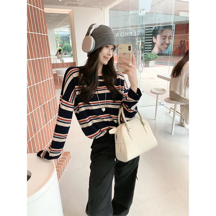 美洋MEIYANG 三色堇针织衫 羊绒混纺|条纹宽松圆领长袖上衣