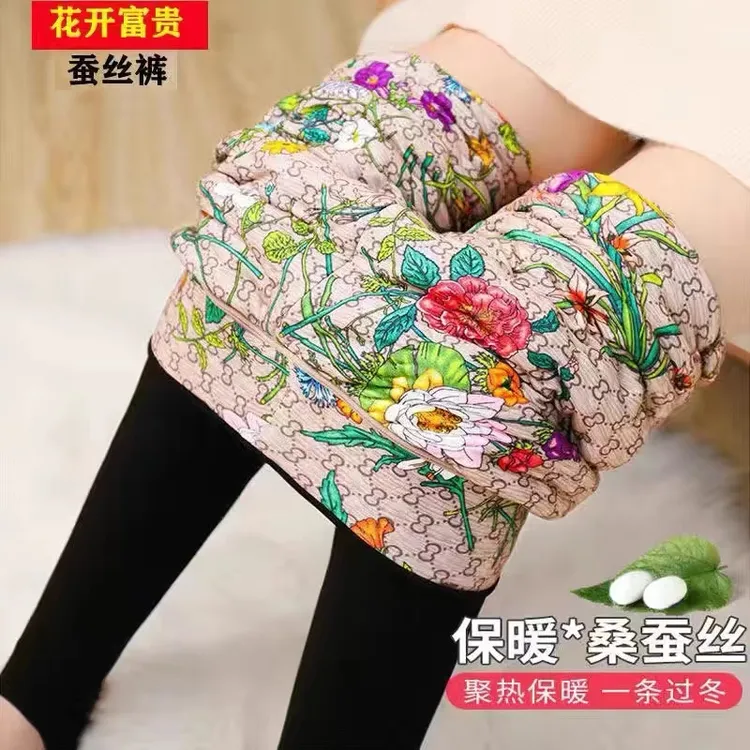650克花开富贵蚕丝保暖裤高腰修身显瘦时尚百搭外穿加厚冬季大码