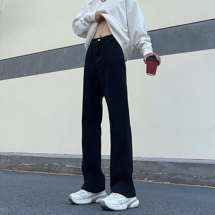 cleanfit弯刀软牛仔裤男黑牛美式高街微喇裤vibe宽松显瘦显高长裤