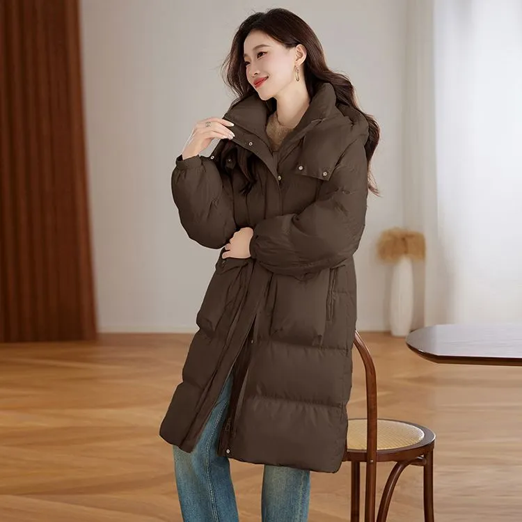 2024冬季新款保暖外套中长款白鸭绒羽绒服大码显瘦时尚连帽宽松