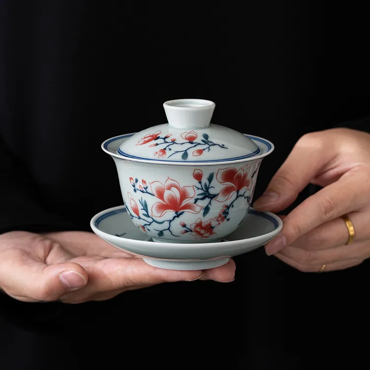 匠迷复古青花玉兰盖碗陶瓷中式简约家用泡茶器釉下彩贴花款功夫