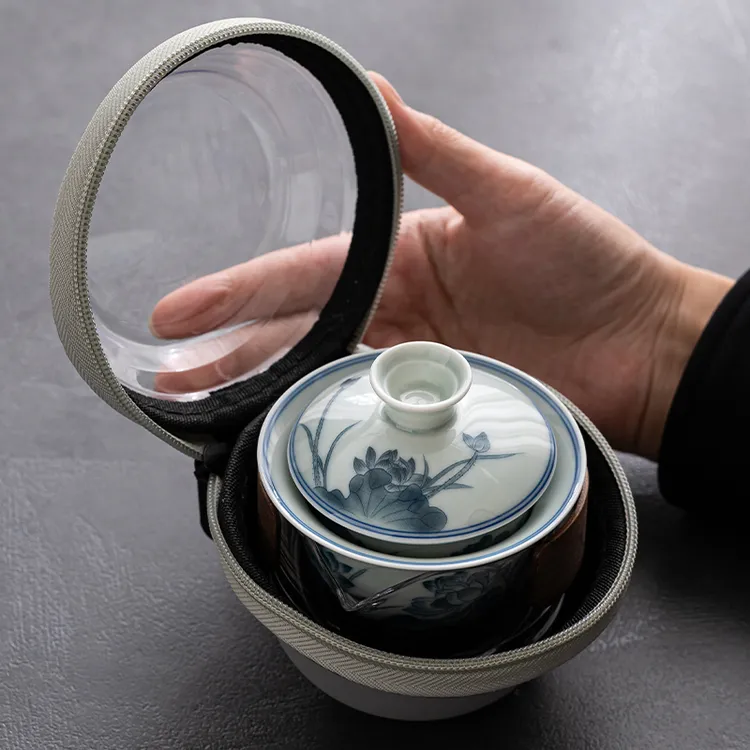 匠迷复古青花荷花旅行茶具釉中彩悬停旋转中式茶盖碗瓷功夫款茶具