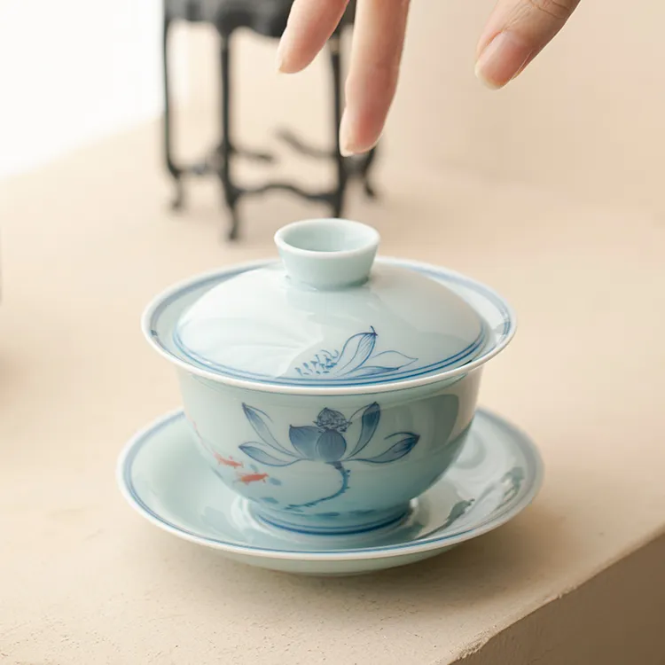 手绘陶瓷三才盖碗茶具泡茶釉下彩茶道简约高档家用功夫茶具中式瓷