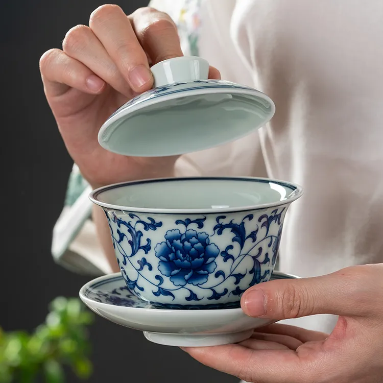 复古盖碗青花缠枝莲贴花款陶瓷中号釉中彩家用茶具中式带盖瓷盖碗