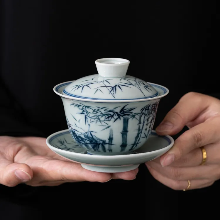 匠迷复古青花文竹盖碗釉中彩旋转悬停功夫茶具中式茶盖碗陶瓷高档