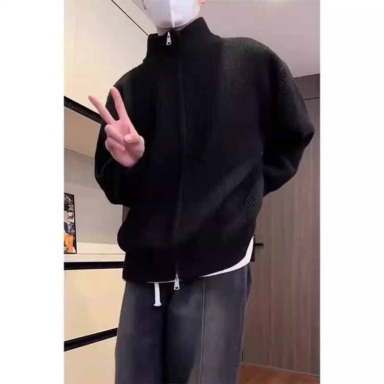黑色双拉链针织开衫外套男秋季高级感cleanfit美式立领毛衣慵懒风