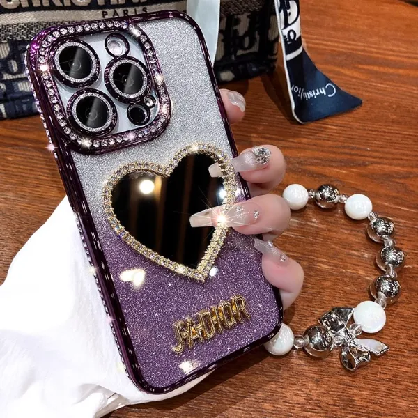水钻边美妆镜苹果15promax镜头膜手机壳iPhone14高级感17保护套12