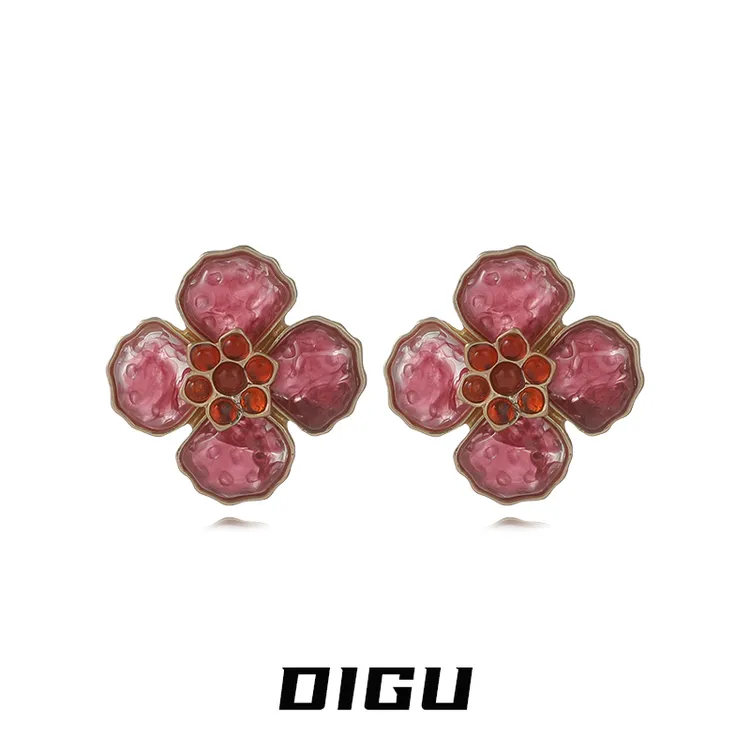 嘀咕家 铜合金耳饰 果冻粉色大花朵耳环百搭花花耳钉