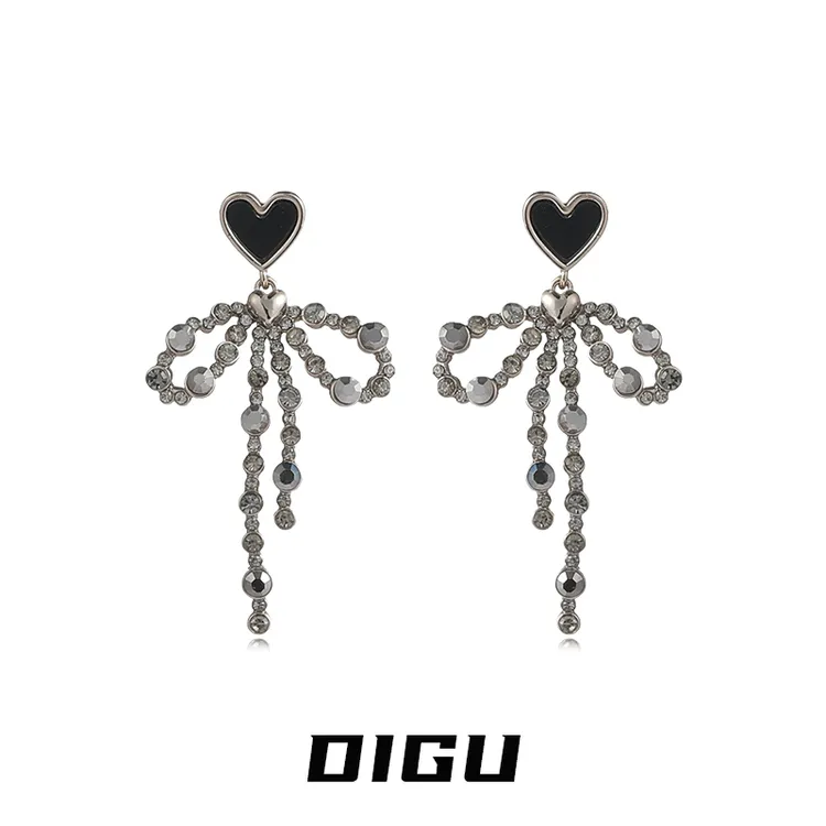 嘀咕家 合金耳饰 黑色爱心蝴蝶结耳环长款耳钉百搭耳饰