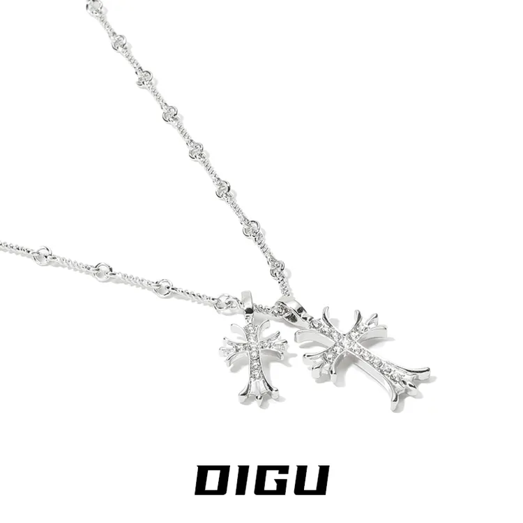 铜合金项链 嘀咕家DIGU双十字架满钻项链气质小众百搭秋冬毛衣链