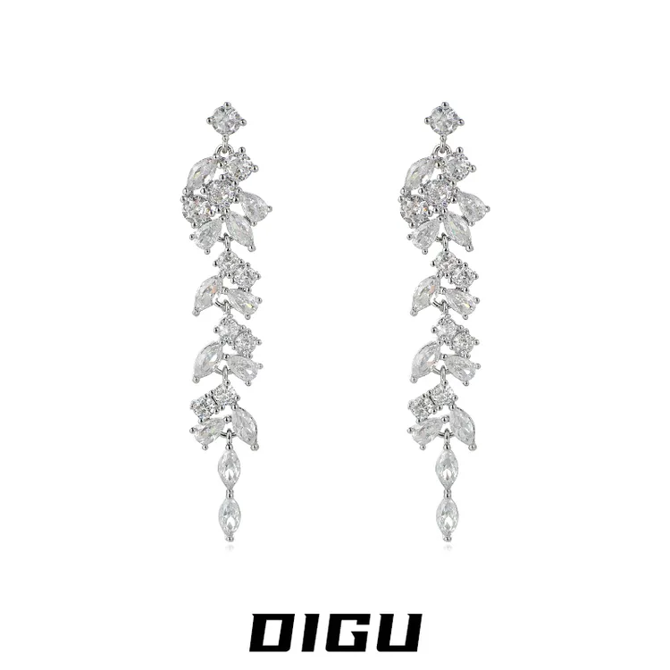 嘀咕家 铜合金合成锆石耳饰 轻奢高级感长款闪钻流苏耳环叶子耳坠