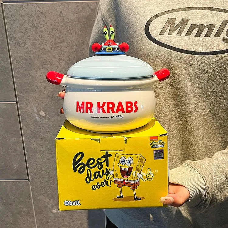 海绵宝宝派大星泡面碗大号学生双耳带盖大容量蟹老板家用陶瓷汤碗