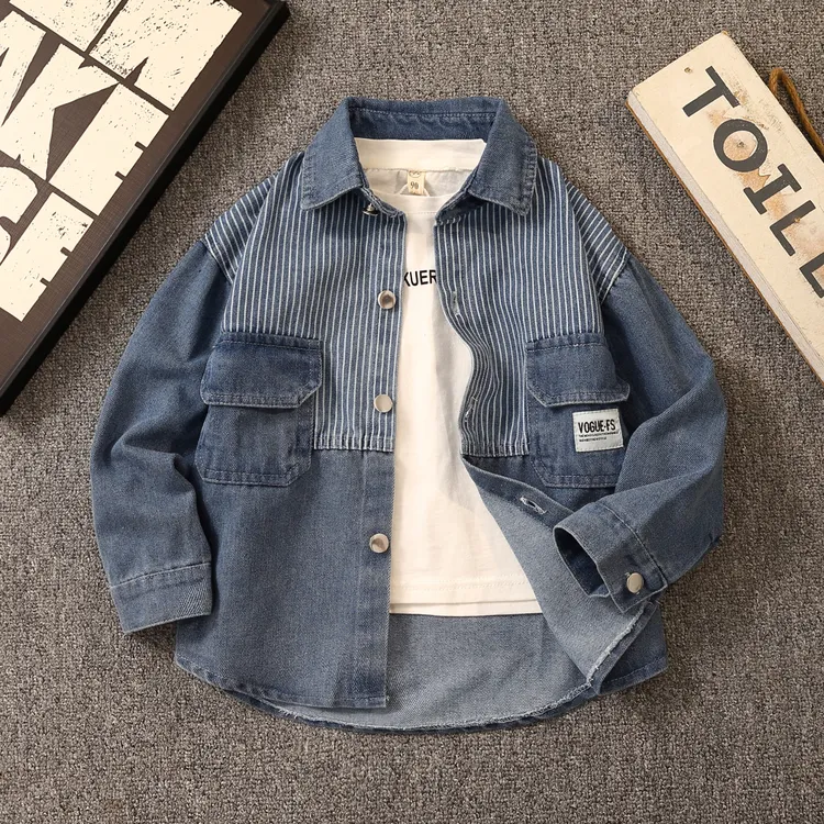 童装男童韩版牛仔衬衫2025新款春秋装中大童拼接条纹衬衣薄款外套