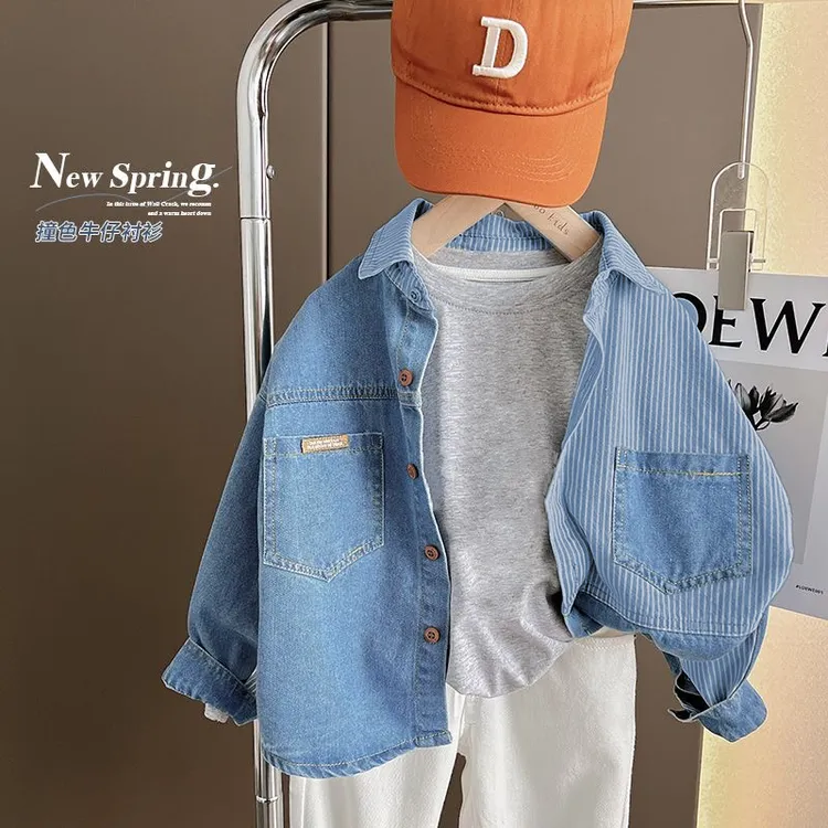 男童拼接牛仔衬衫2024春秋季新款中小童韩版条纹衬衣宝宝洋气上衣