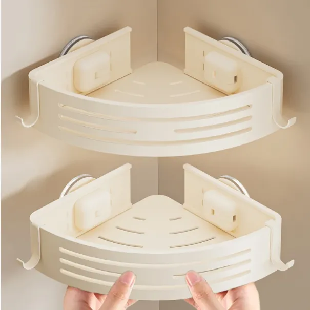 奶油白吸盘卫生间三角置物架免打孔厕所洗漱台转角壁挂式浴室收纳