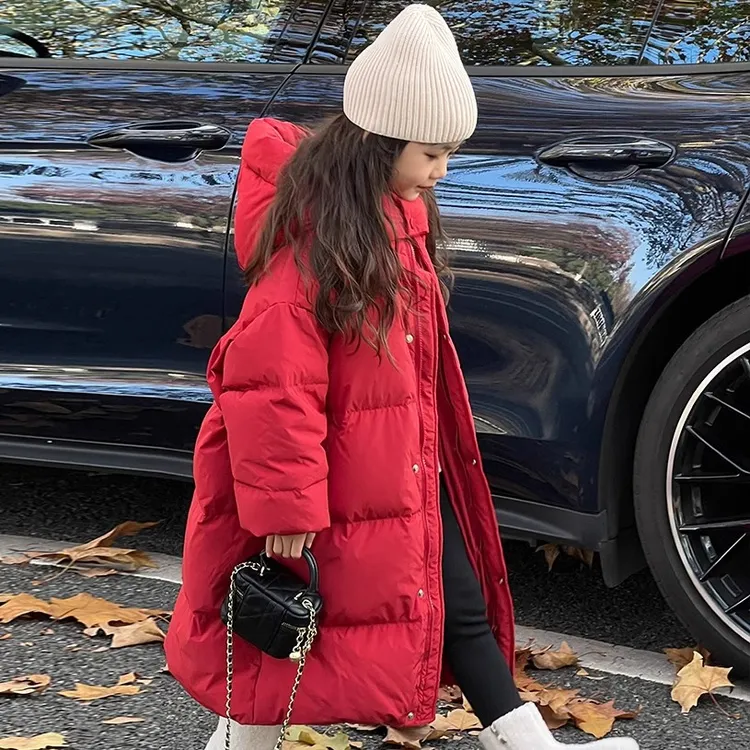 女童红色长款羽绒服三防儿童韩版冬装2024冬季洋气女大童保暖棉袄