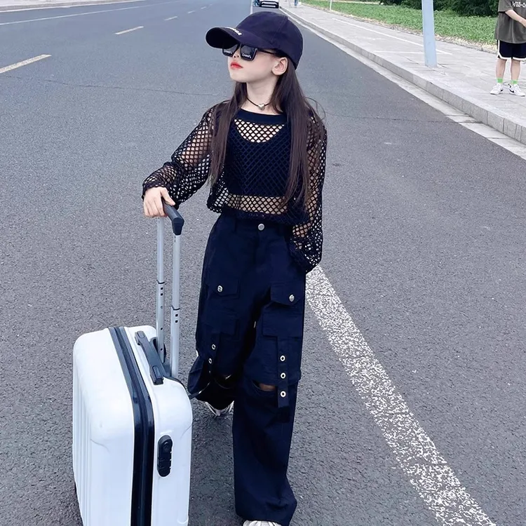 女童洋气套装2025夏季新款大童网眼镂空防晒罩衫休闲工装裤两件套