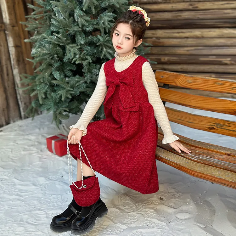 女童连衣裙2025新款冬装儿童拜年服加绒加厚红色喜庆过年穿背心裙
