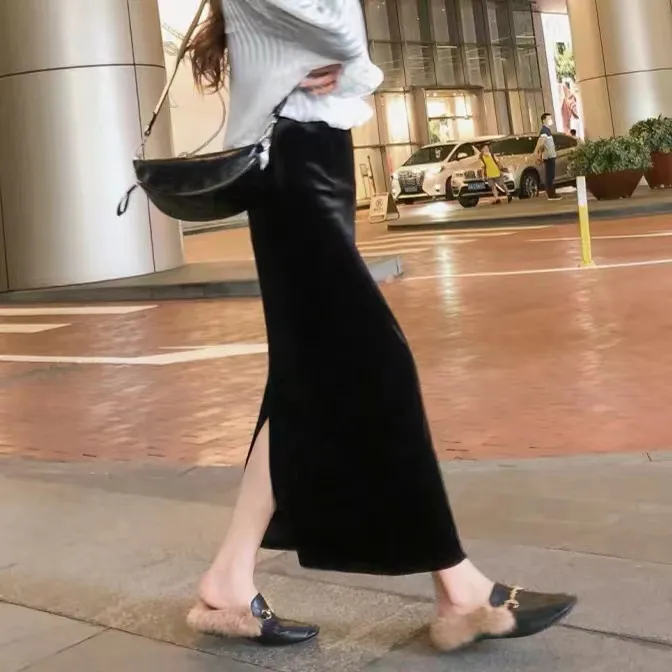 【两个裙长】优质金丝绒百搭裙春秋新款女装修身显瘦中长款半身裙