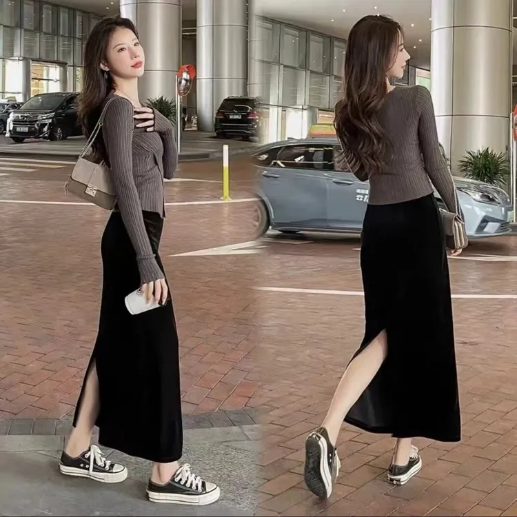 【工厂直发-现货】2025秋季金丝绒百搭裙新款女装显瘦中长款半身裙