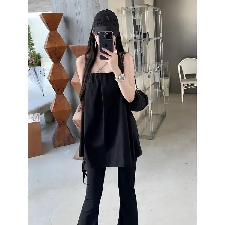 【好身材】休闲套装女设计感吊带背心上衣小衫高腰显瘦喇叭裤两件套