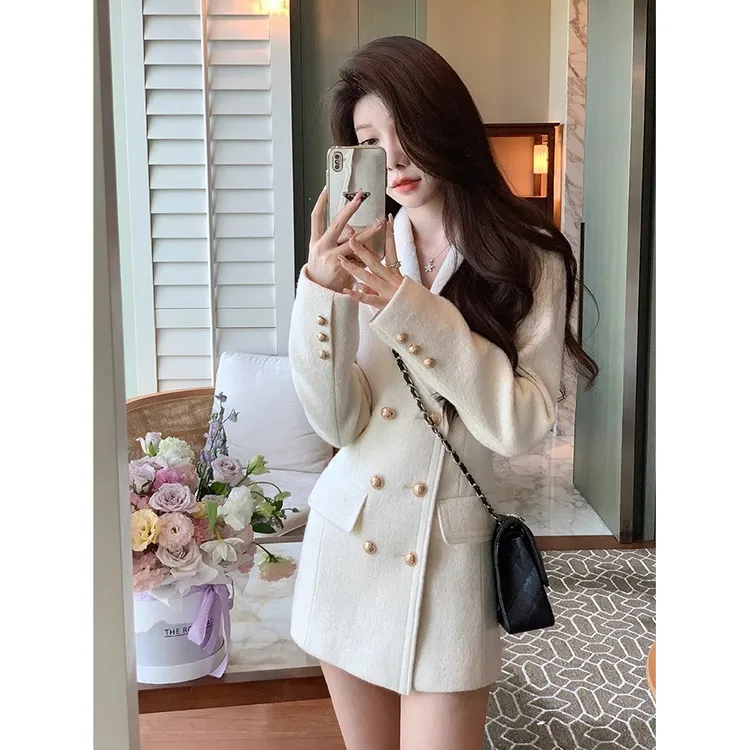 【晨暮】毛呢收腰西装外套女2025秋冬新款修身显瘦中长款小香风外套