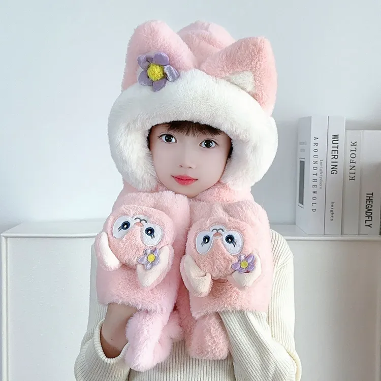 儿童帽子围巾手套三件套冬季卡通宝宝防风一体帽男女童毛绒护耳帽