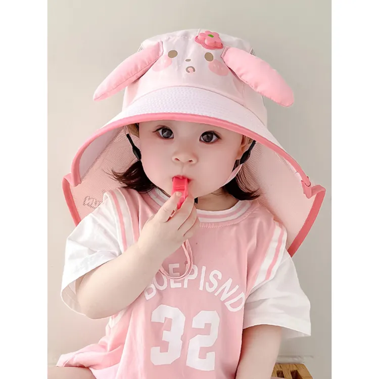 儿童帽夏季大帽檐女童渔夫帽披肩宝宝遮阳帽可爱兔耳朵太阳帽