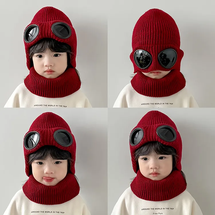 2024新款儿童帽子围脖两件套冬季加绒护耳毛线帽带眼镜针织套头帽