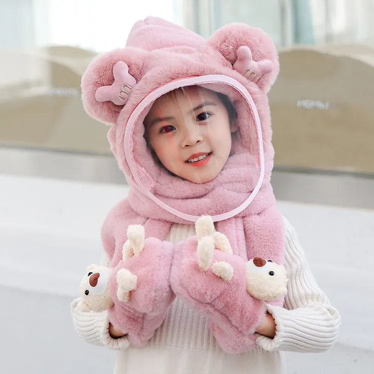 儿童帽子冬季保暖毛绒帽男女童防护面罩宝宝围巾手套一体挡风帽子