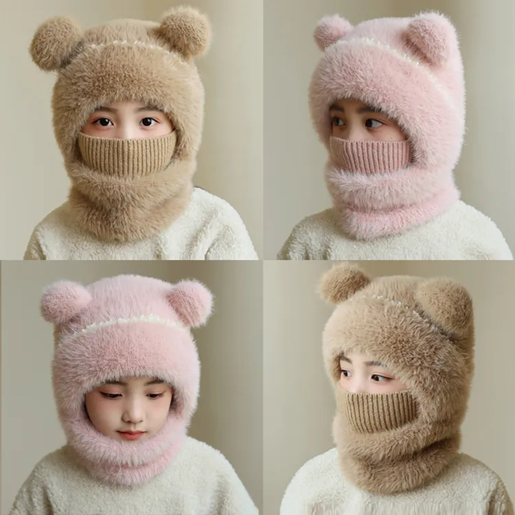 儿童帽子围脖子口罩冬季毛绒一体帽三件套韩版男女童冬天宝宝加绒