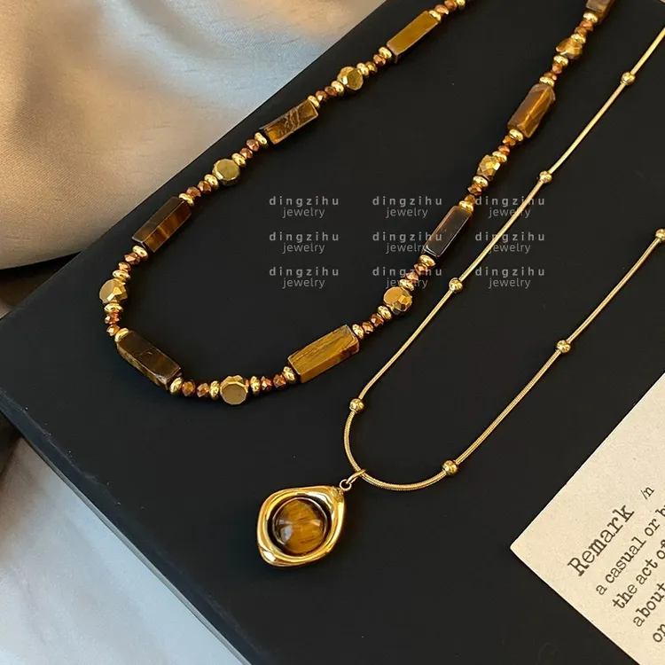 铜合金项链 复古虎眼石串珠项链女2024秋冬新款叠戴高级感毛衣链