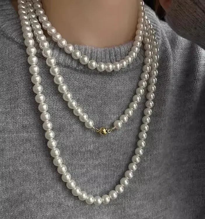 钛钢仿珍珠项链  秋冬长款珠珠毛衣链女大气高档项链高级感锁骨链
