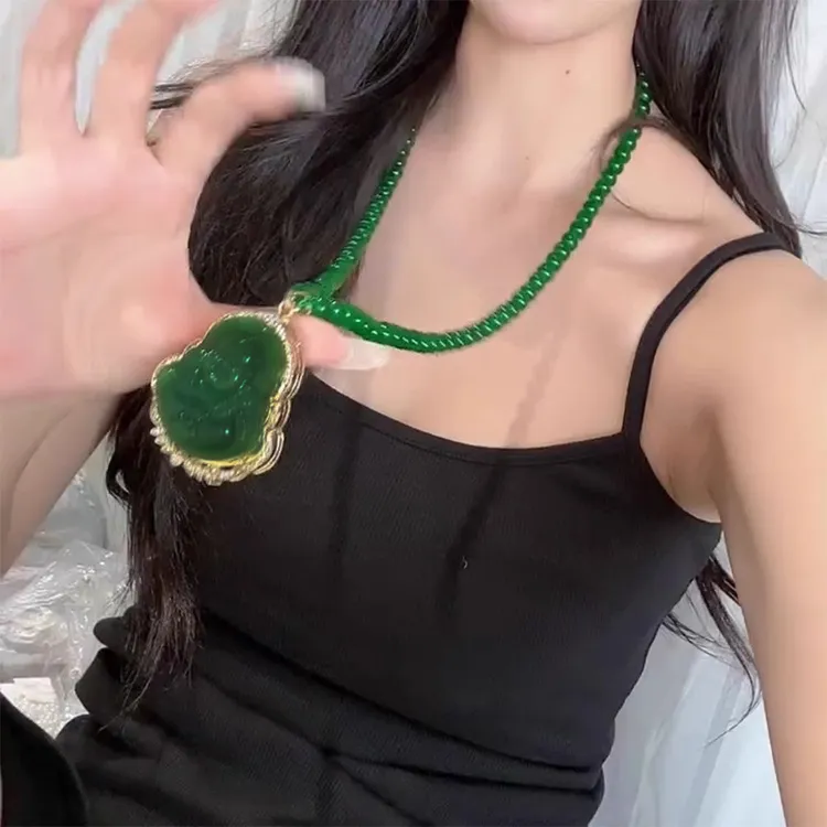 铜合金项链 复古翠绿色笑口常开弥勒佛项链女时尚爆款显白毛衣链