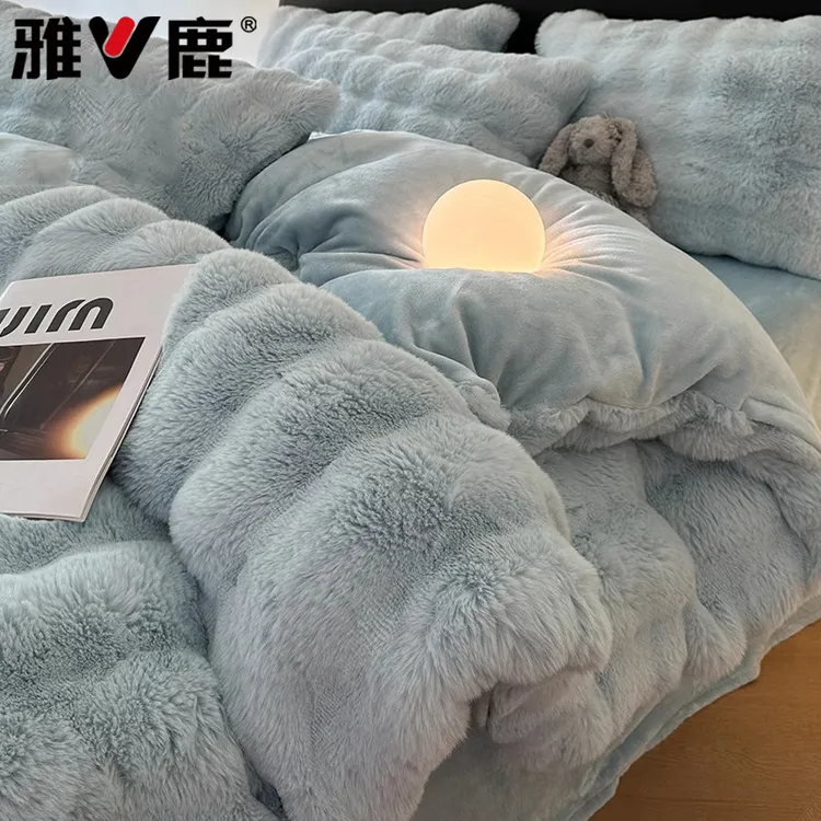 V/雅鹿仿兔绒床上四件套牛奶绒冬季双面加绒珊瑚绒床单被套三件套