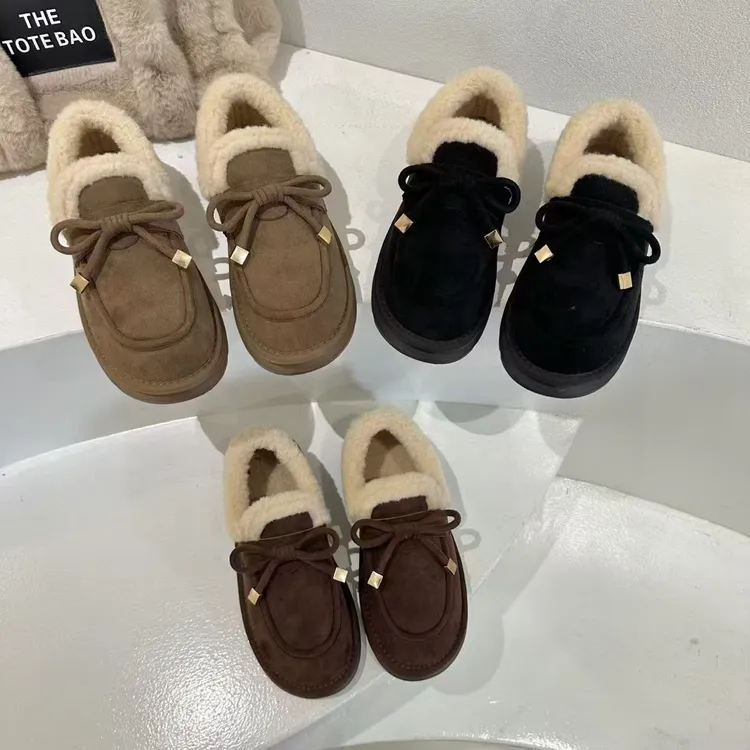 秋冬加绒保暖蝴蝶结毛毛鞋雪地靴女棉鞋豆豆鞋