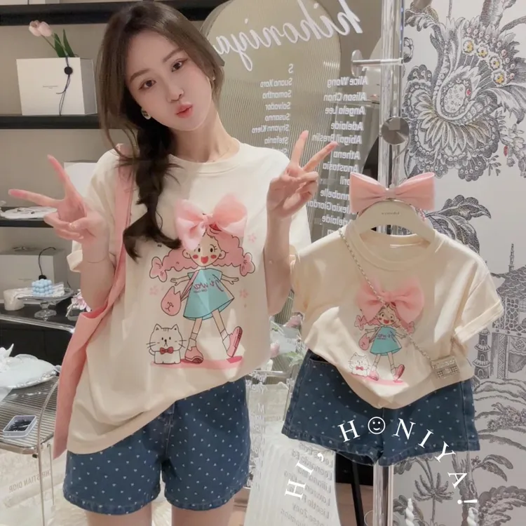 女童韩版立体蝴蝶结短袖T恤夏新女宝宝洋气卡通印花上衣纯棉女孩