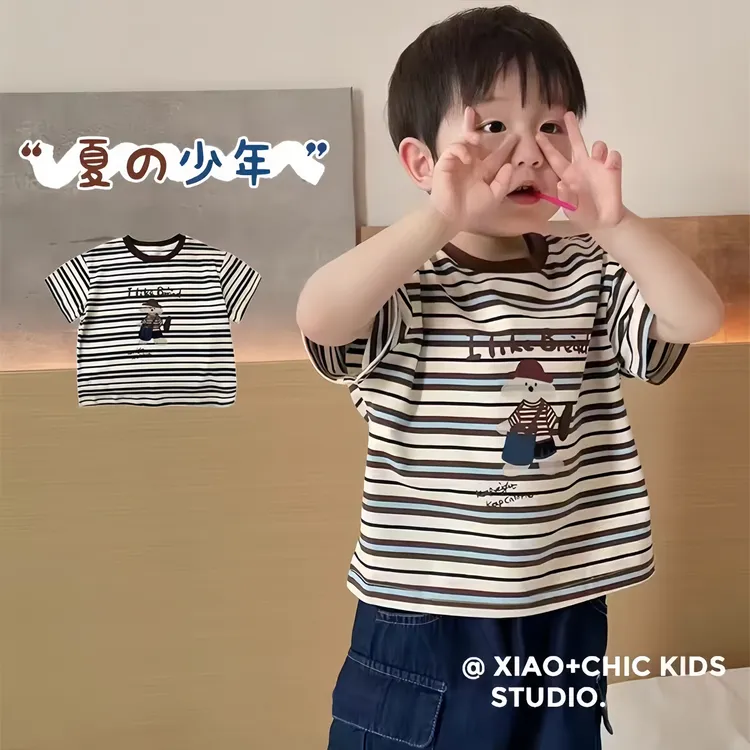 条纹控~儿童夏款复古色系咖色条纹短袖T恤男童女童纯棉圆领半袖潮