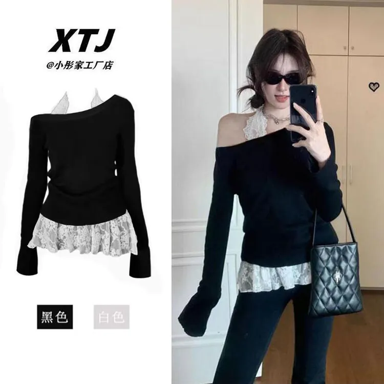 甜辣别致斜肩露肩长袖T恤女早秋新款显瘦气质叠穿设计感黑色上衣