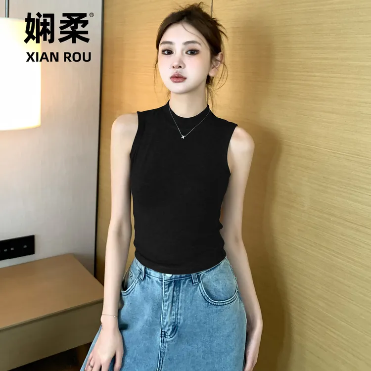 黑色螺纹吊带背心女夏2025新款内搭小高领短款露脐无袖打底上衣女