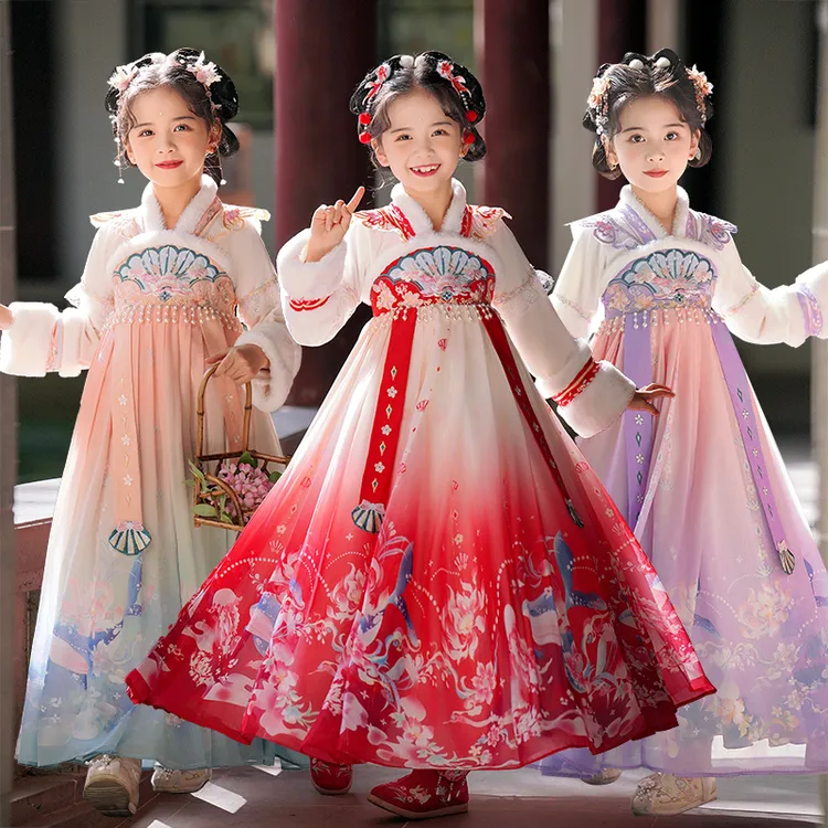SL2339女童汉服连衣裙冬装新款加绒裙子儿童中国风古装秋冬公主裙