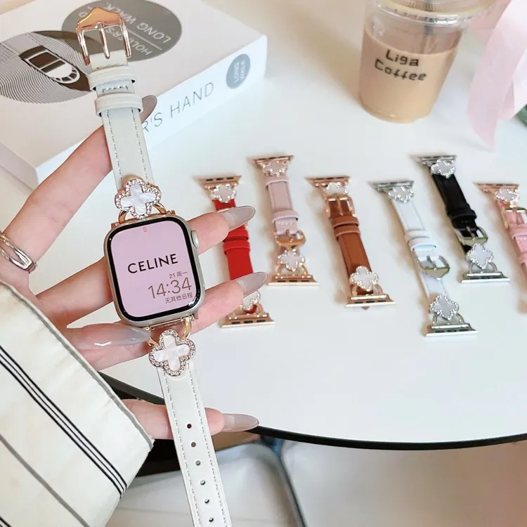适用于iwatchs9苹果手表87654代se表带applewatch四叶草真皮ultra