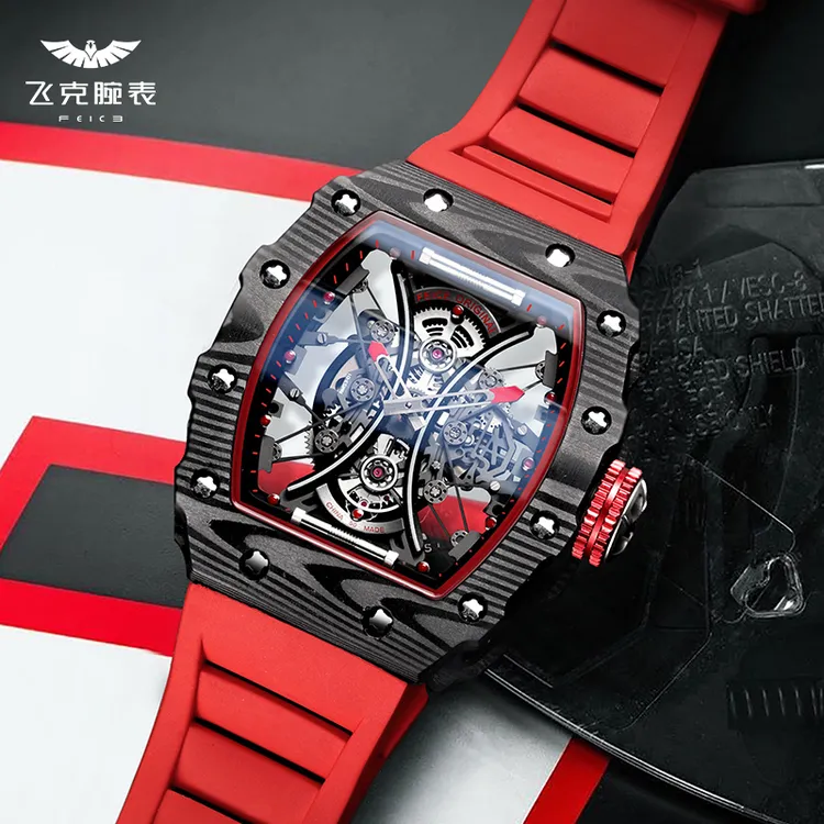 飞克FM602男士百搭酒桶形潮流款腕表酒桶型镂空全自动机械手表