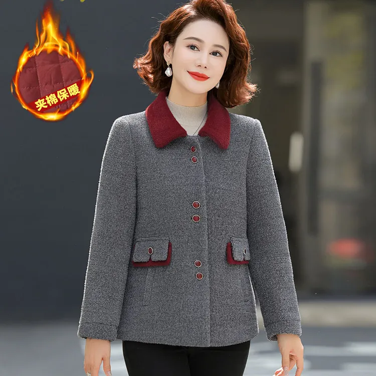 小个子妈妈冬装毛呢外套时尚洋气中老年女装冬季夹棉加厚呢子大衣