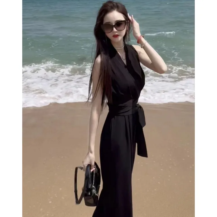 气质女人高级感无袖连体裤垂感收腰V领高腰修身显瘦阔腿裤夏季