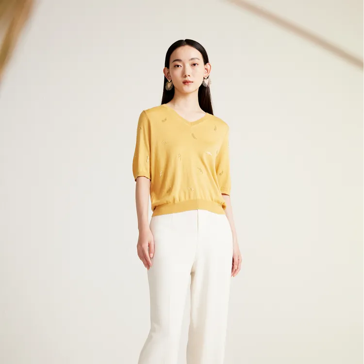 ZB/珍贝商场同款新品休闲丝绒衫V领烫饰女中袖/H92013