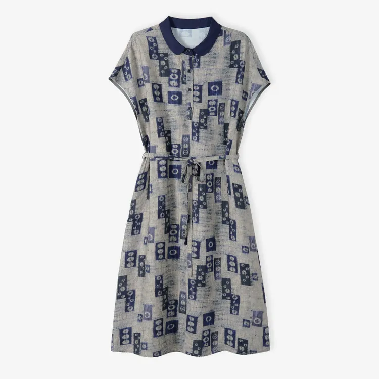 韩穆KA68183天丝亚麻连衣裙夏新款复古印花收腰显瘦宽松休闲裙子